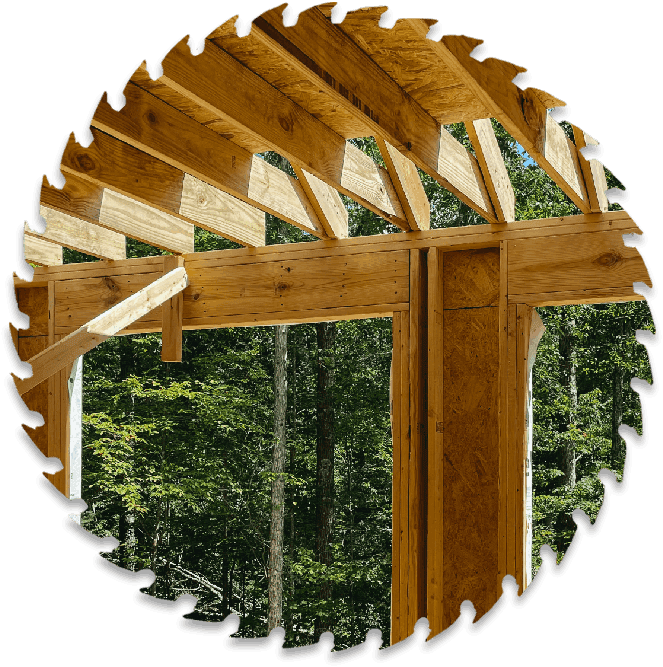 A wooden structure with trees in the background.